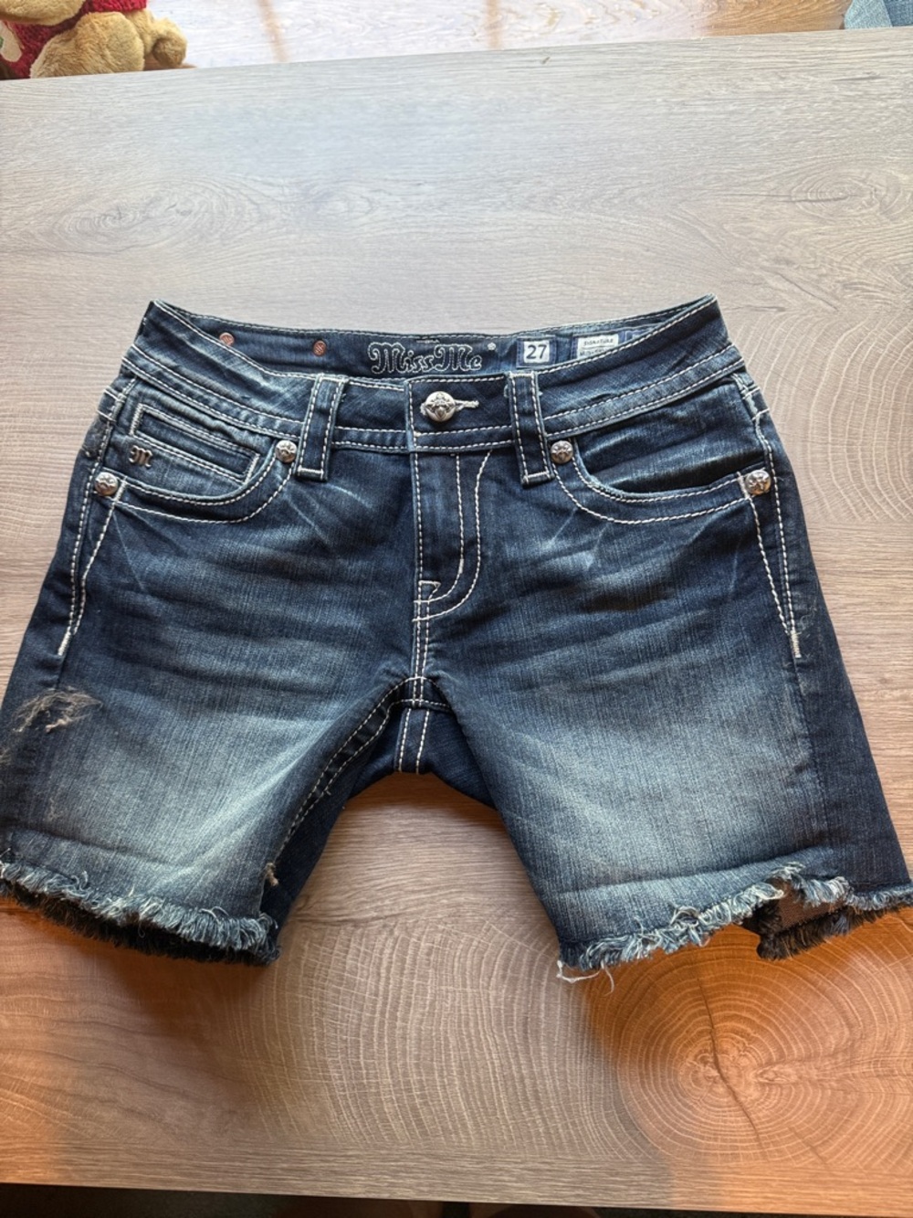 Miss Me Indigo Washed Frayed Hem Denim Shorts